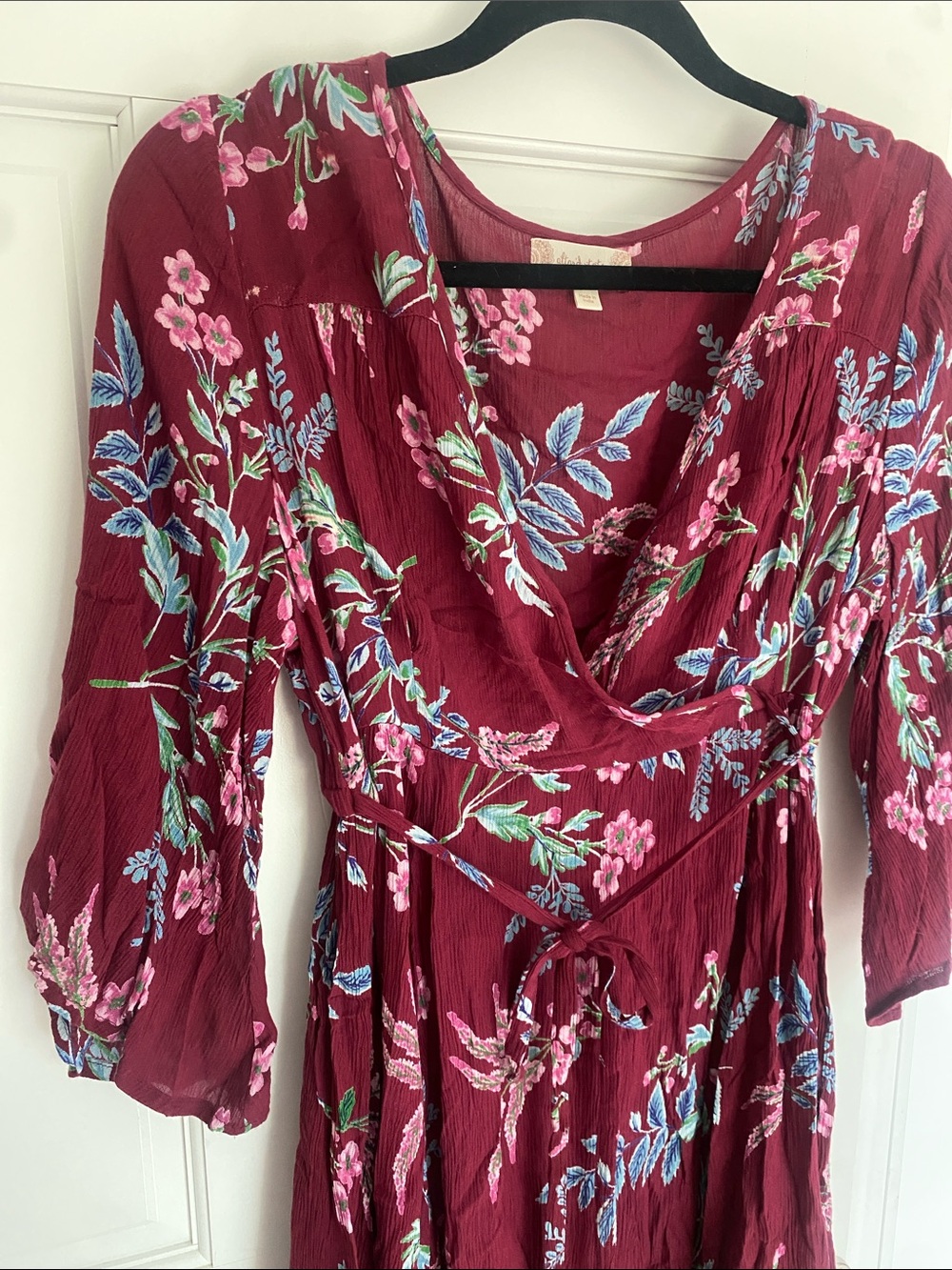 Altar’d State Medium Floral Wrap Midi Dress in Burgundy with 3/4 Sleeve